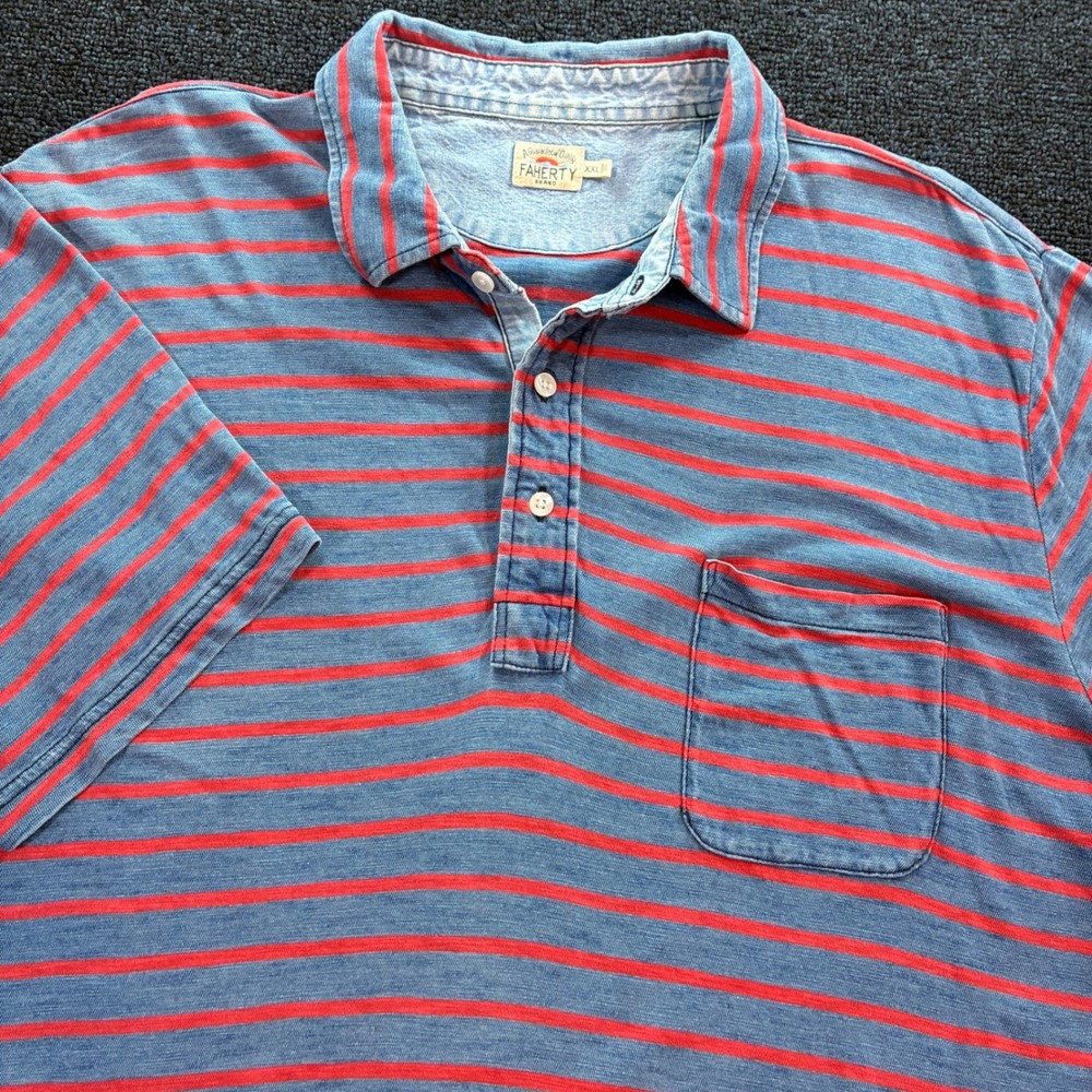 Faherty Striped Polo Shirt Mens XXL Indigo Dyed Blue Red Casual Short Sleeve